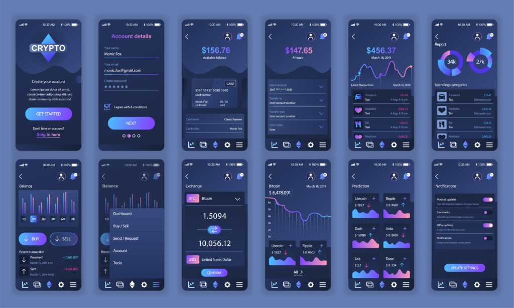 Set of UI, UX, GUI screens Cryptocurrency app flat design template for mobile apps, responsive website wireframes. Web design UI kit. Cryptocurrency Dashboard.